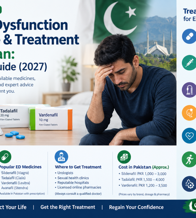Erectile dysfunction medicine and treatment in Pakistan guide for 2027, featuring sildenafil, tadalafil, vardenafil, common causes of ED, treatment options, and medical advice for men’s sexual health.