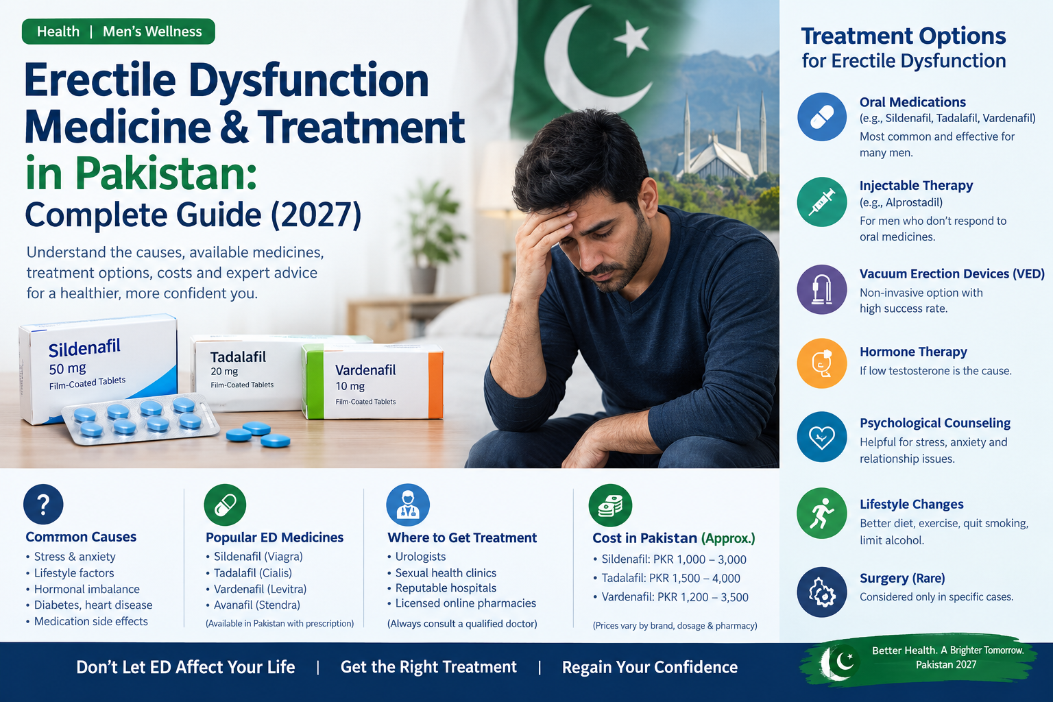 Erectile dysfunction medicine and treatment in Pakistan guide for 2027, featuring sildenafil, tadalafil, vardenafil, common causes of ED, treatment options, and medical advice for men’s sexual health.